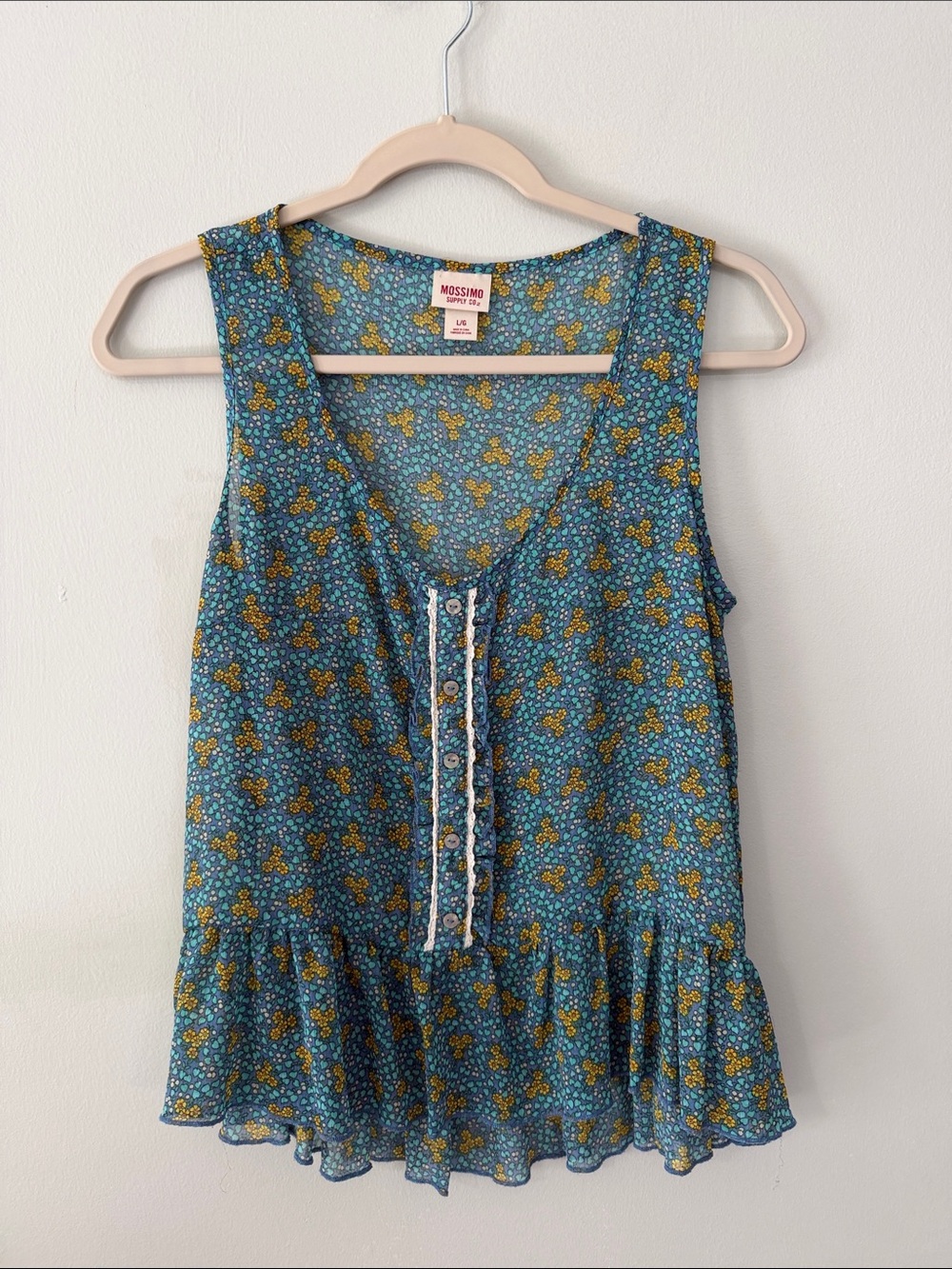 Mossimo Supply Co. teal floral button-front placket ruffle cami